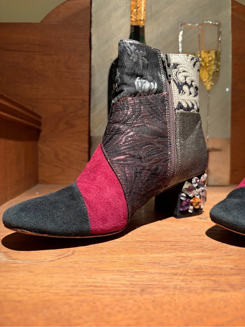 Anthro Bettye Muller Suede, Metallic Brocade and Rhinestone Heeled Booties
